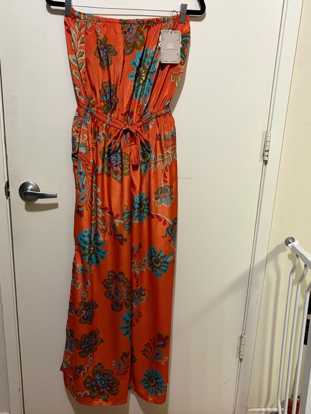 Strapless Orange Floral jumpsuit with Tie Waist